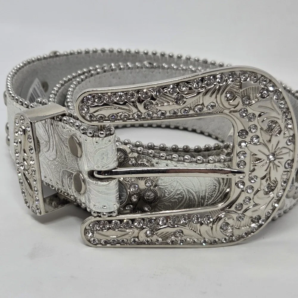 Blazin Roxx Western Silver‎ Metallic Tooled Bling Belt Large Rhinestones Cowgirl